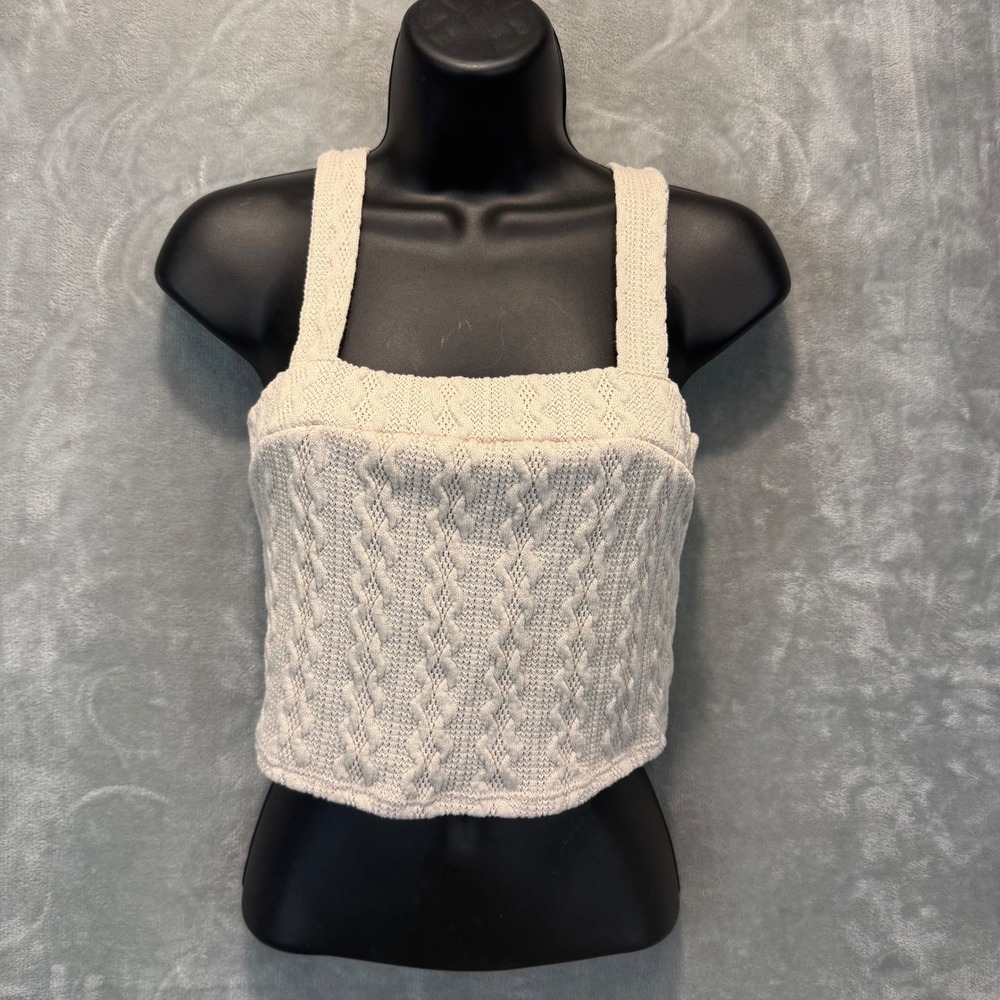 I‎ Joah Cream Cable Knit Crop Top Square Neck Sleeveless Ivory Size L